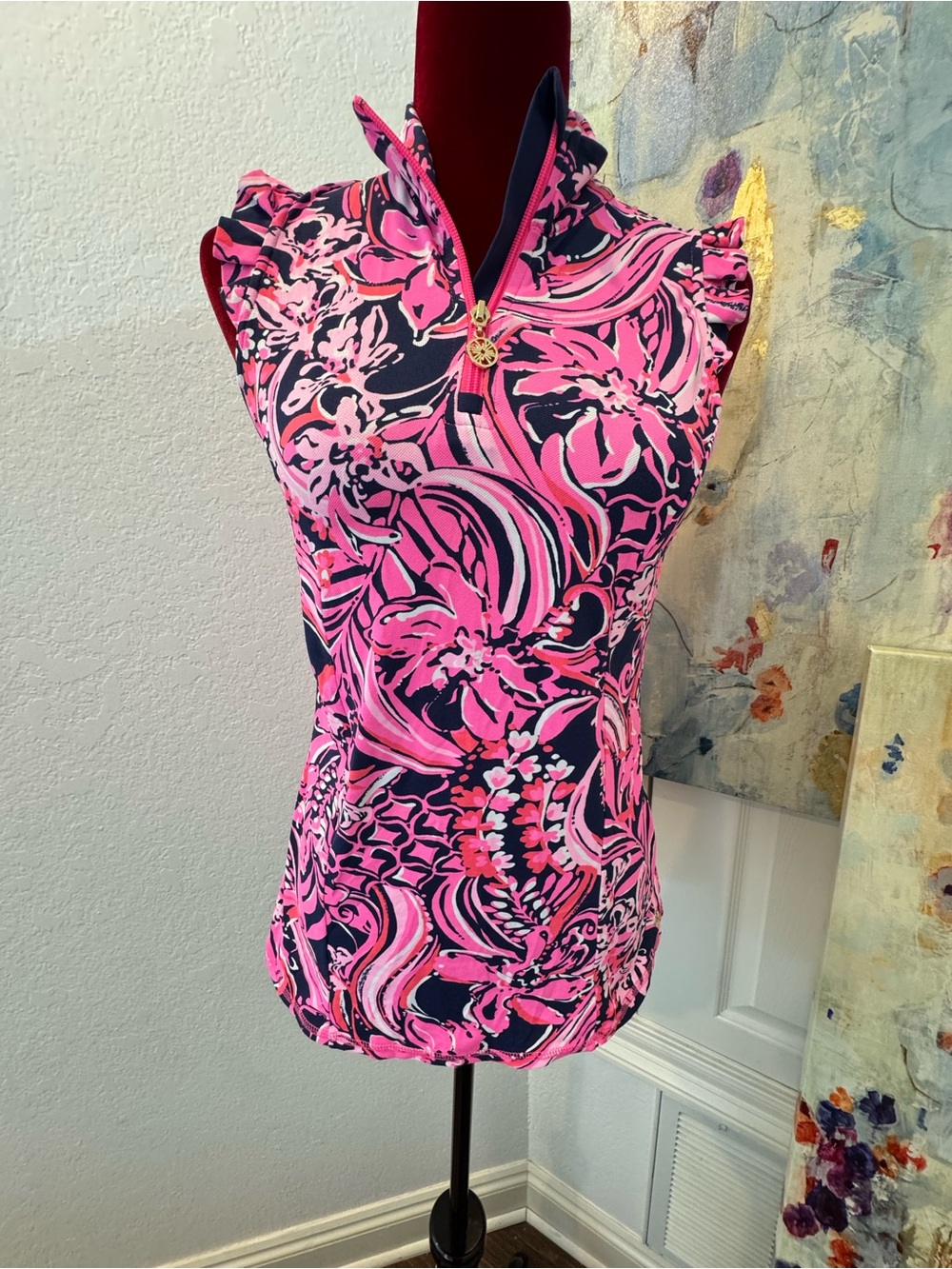 Lilly Pulitzer Sz S Luxletic Larissa Ruffle Half Zip Top in Low Tide Navy